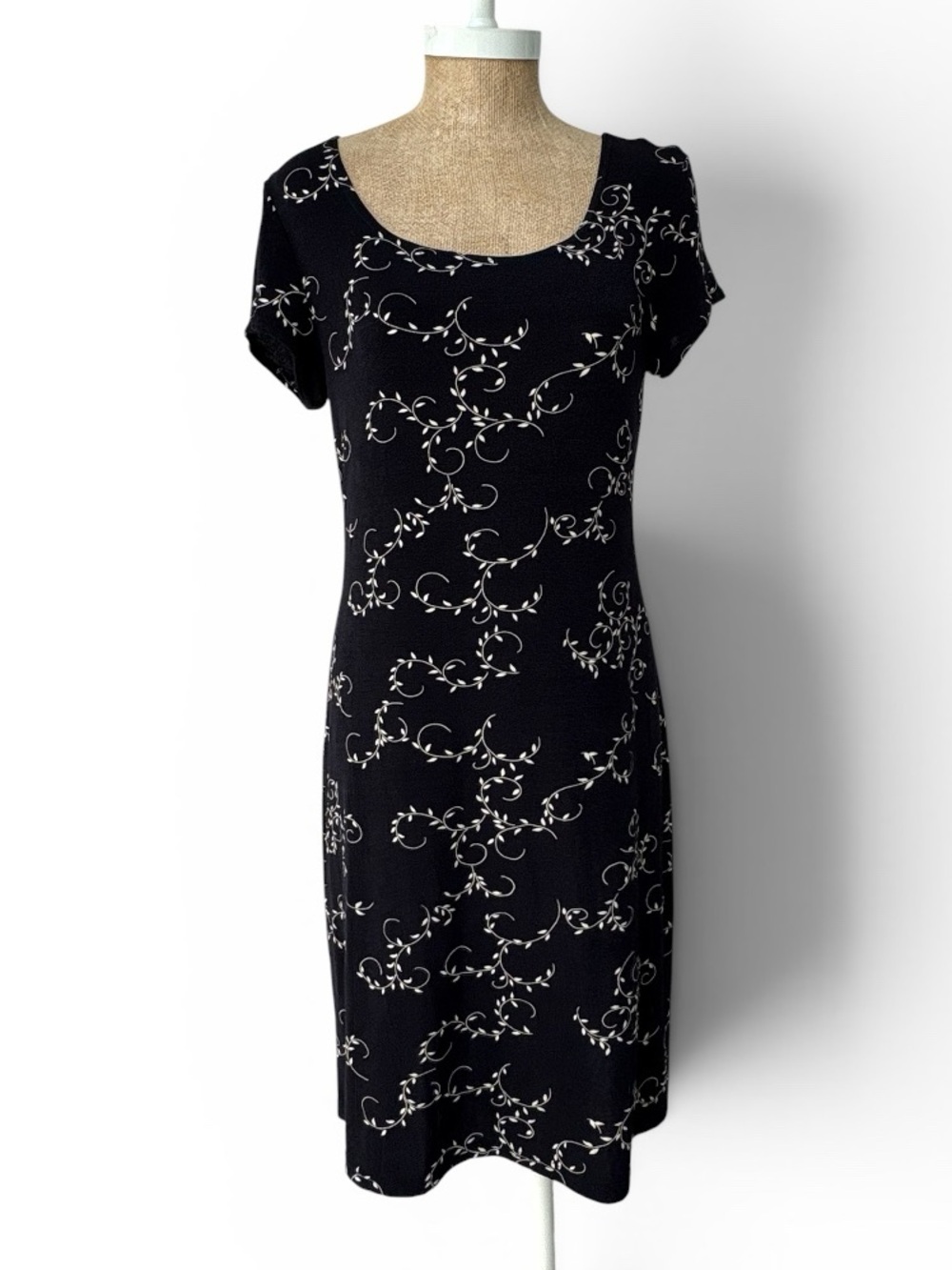 John Roberts Black & Ivory Scroll Print Sheath Dress Size 10 Made in USA